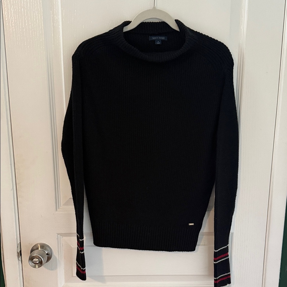 Tommy Hilfiger Black Sweater with Red and White Striped Cuffs